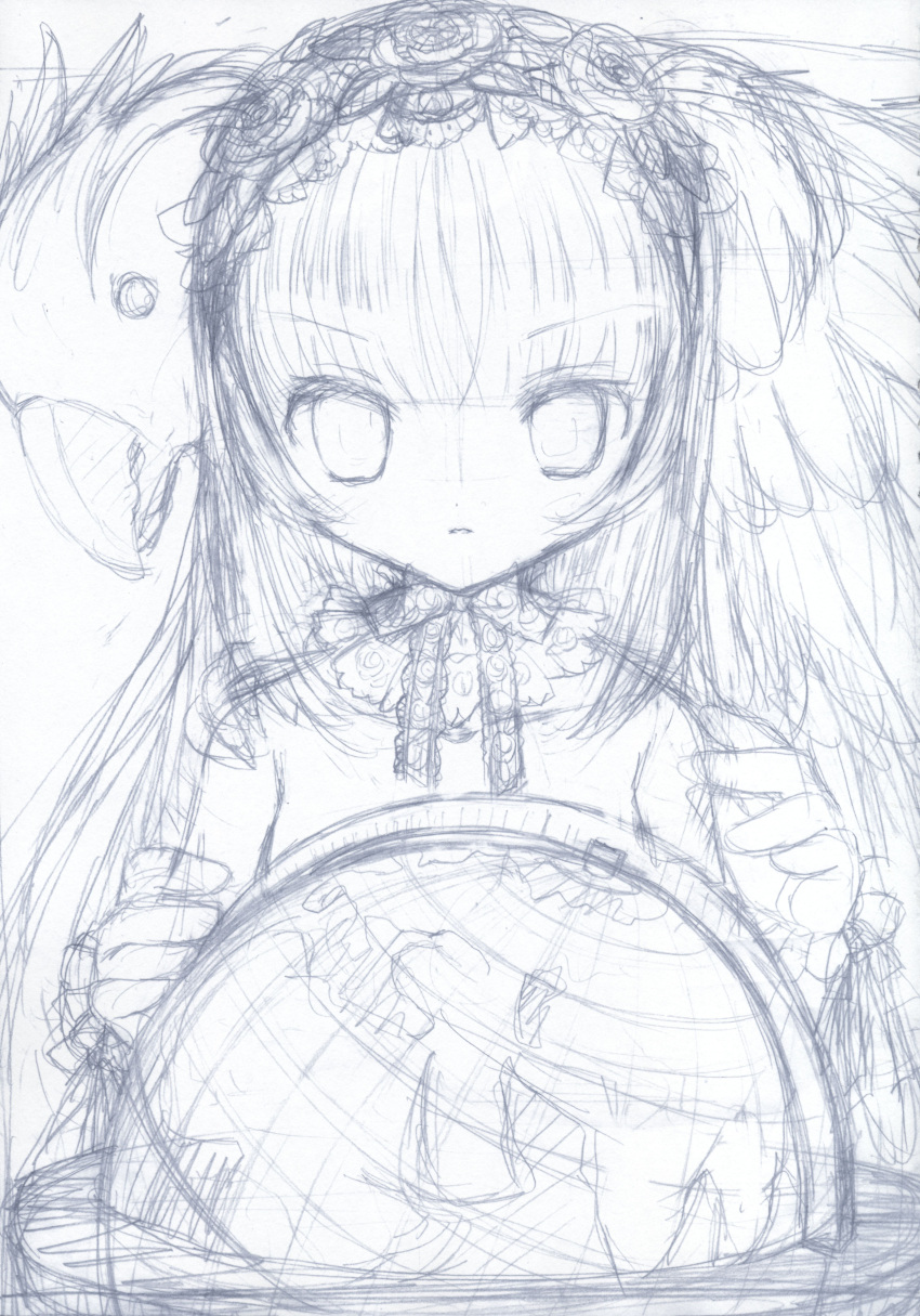 1girl, absurdres, eco, hato_rami, highres, long_hair, monochrome, pireze, rami, sketch, solo