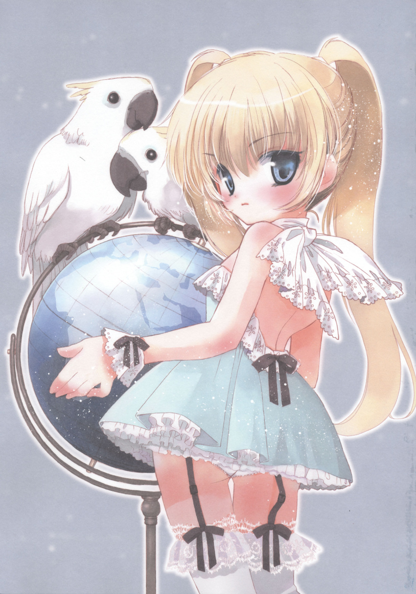 1girl, absurdres, animal, bare_shoulders, bird, blonde_hair, blue_eyes, blush