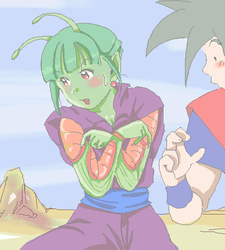1boy, 1girl, antenna, black_hair, blush, cloudy_sky, crossed_arms, dragon_ball