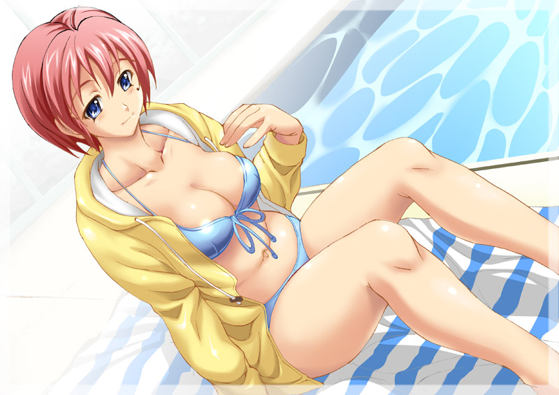 1girl, bikini, blue_bikini, blue_eyes, breasts, cleavage, dutch_angle, front-tie_top