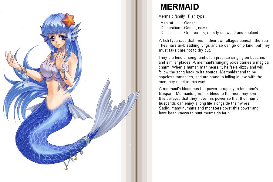 1girl, bare_shoulders, blue_eyes, blue_hair, blush, bracelet, character_profile, detached_sleeves, fins, fish, gills, hair_ornament, hard_translated, head_fins, jewelry, kenkou_cross, light_smile, long_hair, looking_at_viewer, mamono_girl_lover, mermaid, mermaid_(mamono_girl_lover), mermaid_(monster_girl_encyclopedia), midriff, monster_girl, monster_girl_encyclopedia, navel, necklace, scales, seashell, shell, shell_bikini, simple_background, smile, solo, star, star_hair_ornament, starfish, tail, translated, very_long_hair, white_background