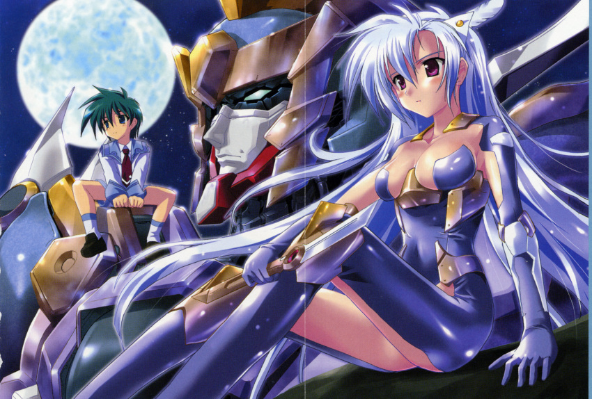 1boy, 1girl, age_difference, aqua_hair, armor, bangs, blue_eyes, blush