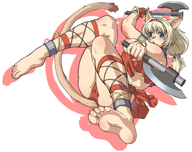 1girl, animal_ears, ankle_cuffs, anklet, axe, barefoot, blonde_hair, blue_eyes