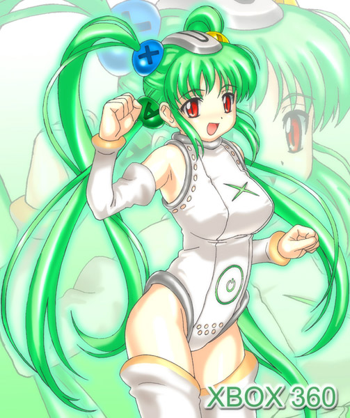 1girl, green_hair, long_hair, microsoft, personification, potato_house, quad_tails, red_eyes