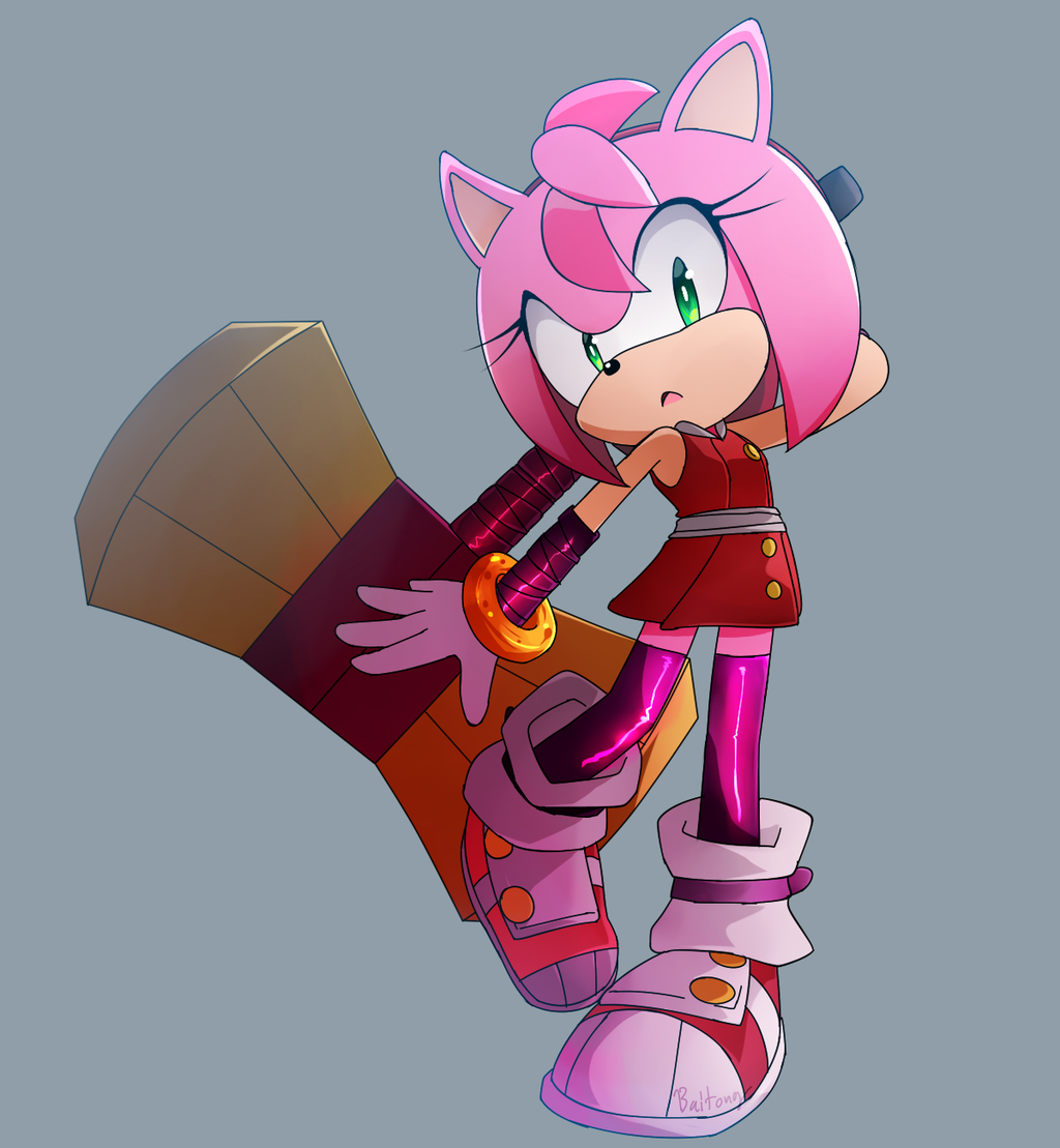 amy_rose, dress, fanart, green_eyes, hammer, headband, pink_hair, sonic_boom