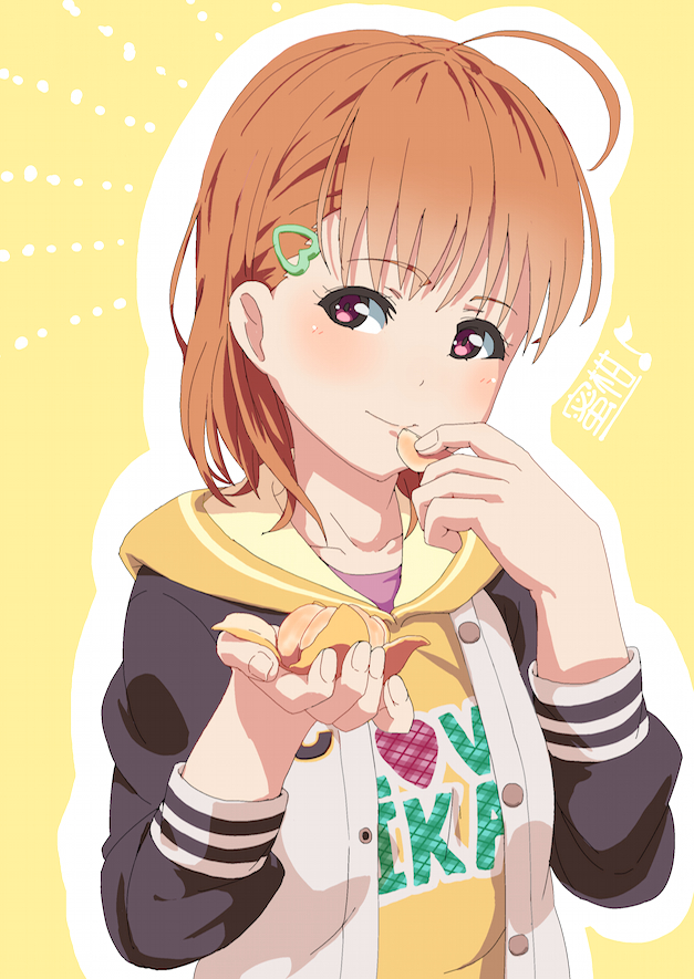 1girl, aboge, blush, braids, bread, love_live!_sunshine!!, orange_hair, red_eyes, short_hair, solo, tagme, takami_chika