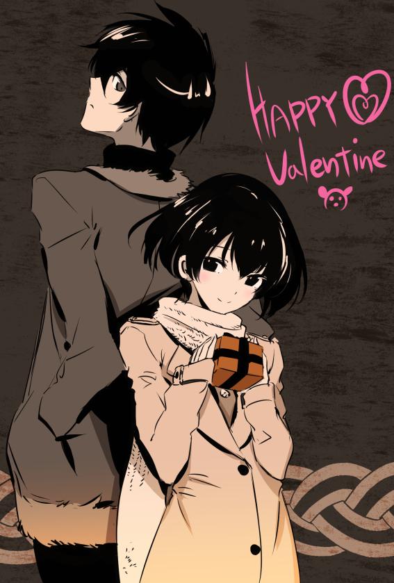 1boy, 1girl, akame_ga_kill!, back-to-back, black_eyes, black_hair, happy_valentine, hetero, kurome_(akame_ga_kill!), scarf, tashiro_tetsuya, wave_(akame_ga_kill!), winter_clothes