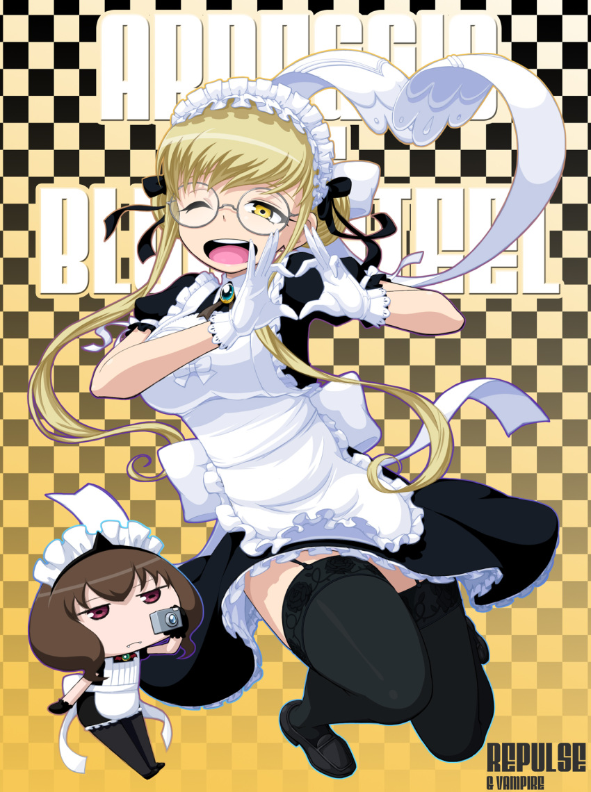 2girls, aoki_hagane_no_arpeggio, apron, black_gloves, black_legwear, blonde_hair, blue_eyes, brown_eyes