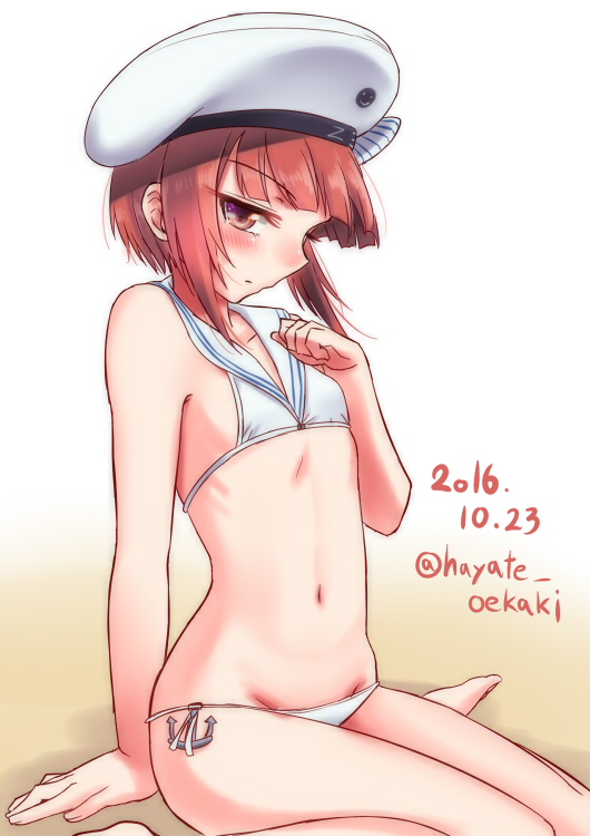 1girl, auburn_hair, barefoot, bikini, brown_eyes, brown_hair, clothes_writing, dated, hat, hayate_(pixiv1185845), kantai_collection, sailor_bikini, sailor_collar, sailor_hat, short_hair, sitting, swimsuit, twitter_username, wariza, white_bikini, white_hat, z3_max_schultz_(kantai_collection)