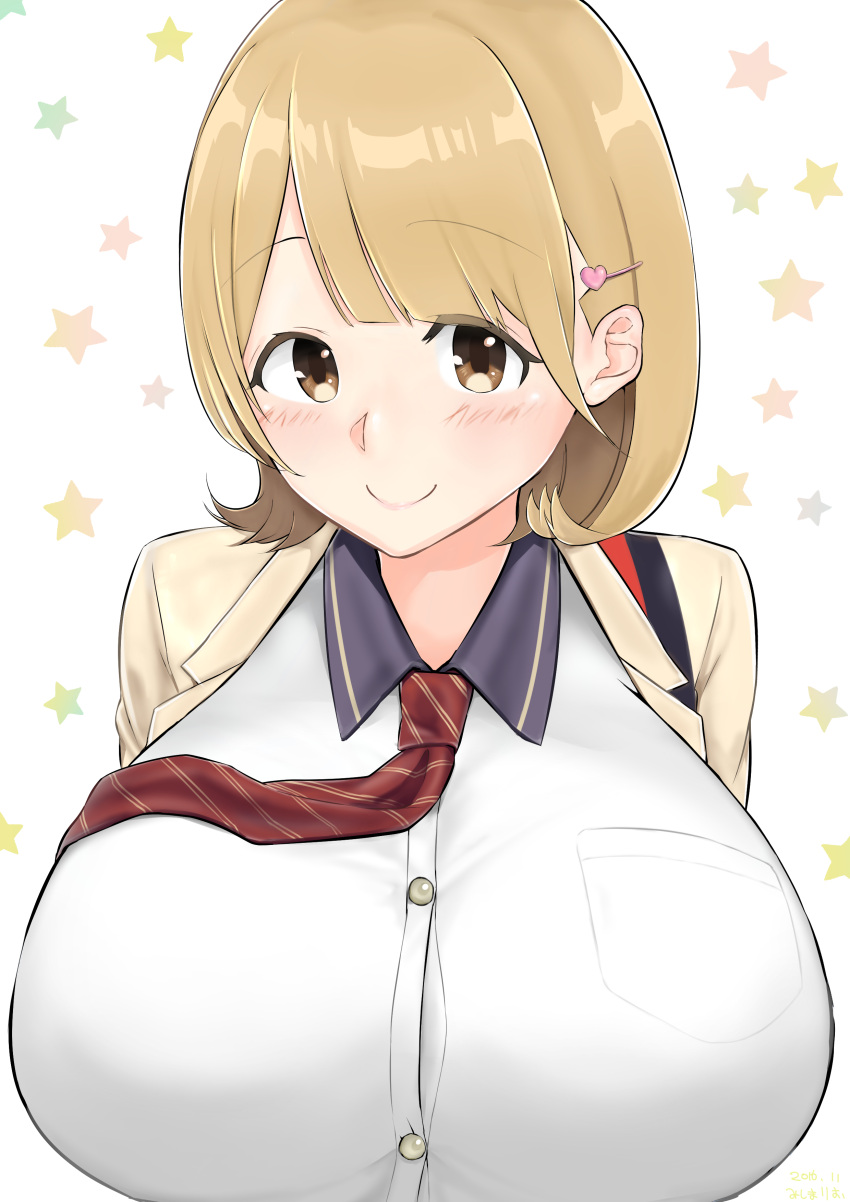 1girl, absurdres, breasts, brown_eyes, brown_hair, hair_ornament, hairclip, heart_hair_ornament, highres, huge_breasts, looking_at_viewer, mishima_ryo, narusawa_ryouka, necktie, occultic;nine, short_hair, simple_background, smile, solo, star, striped, striped_necktie, upper_body, white_background