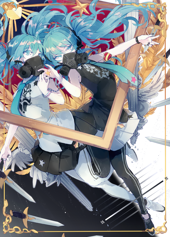 2girls, breasts, eyelashes, feathers, frame, gas_mask, green_eyes, green_hair, hatsune_miku, high_heels, long_hair, lyodi, multiple_girls, nail_polish, necktie, pleated_skirt, reversible_campaign, shirt, skirt, sleeveless, sleeveless_shirt, sword, twintails, v, vocaloid, weapon