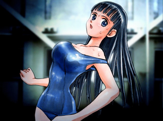 blue_eyes, blue_hair, blunt_bangs, hime_cut, long_hair, one-piece_swimsuit, princess_cut, school_swimsuit, swimsuit