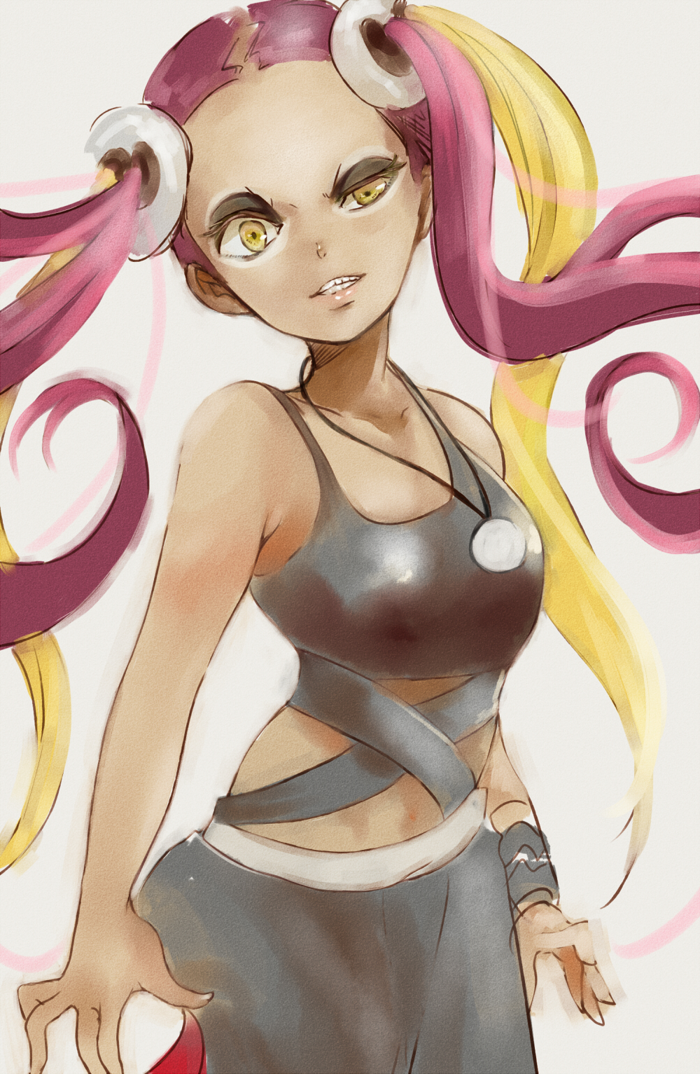 1girl, bare_arms, blonde_hair, crop_top, eyeshadow, female, hair_ornament, highres