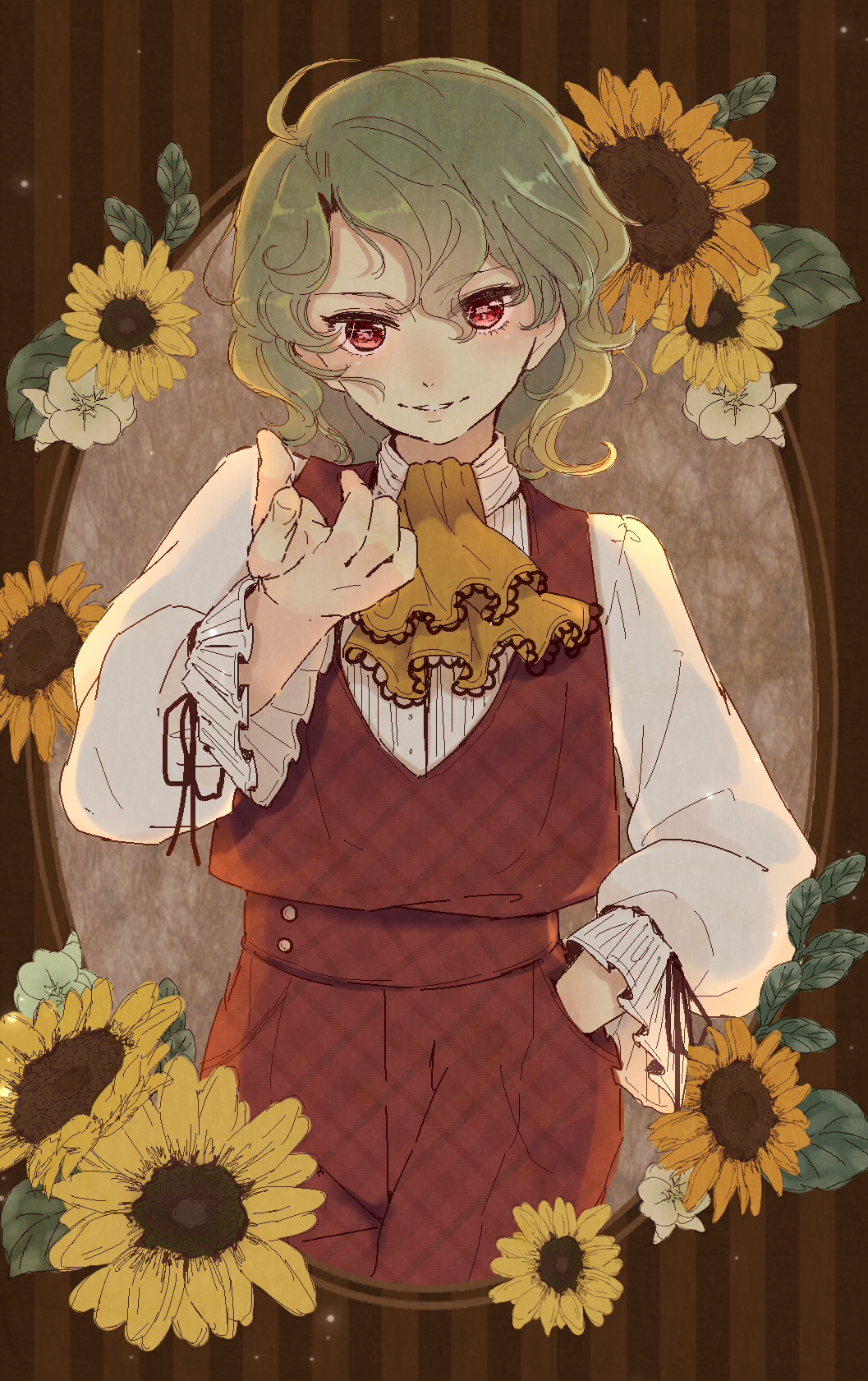 1girl, ascot, cowboy_shot, flower, frame, frilled_shirt, frilled_sleeves, frills