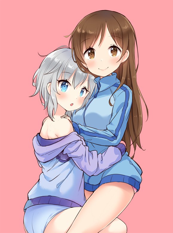 2girls, anastasia_(idolmaster), bare_shoulders, blue_eyes, blush, brown_eyes, brown_hair, idolmaster