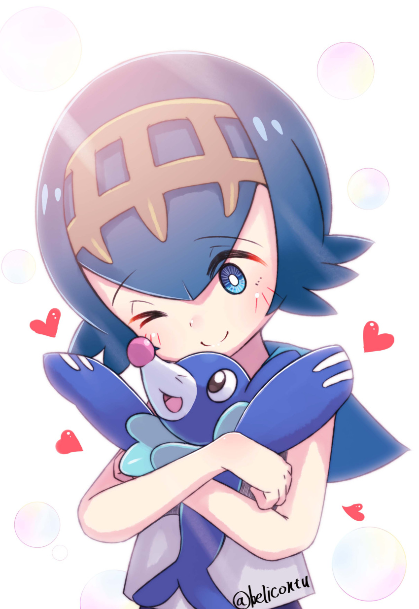 1girl, absurdres, beriko_(dotera_house), blue_eyes, blue_hair, bright_pupils, bubble, cuddling
