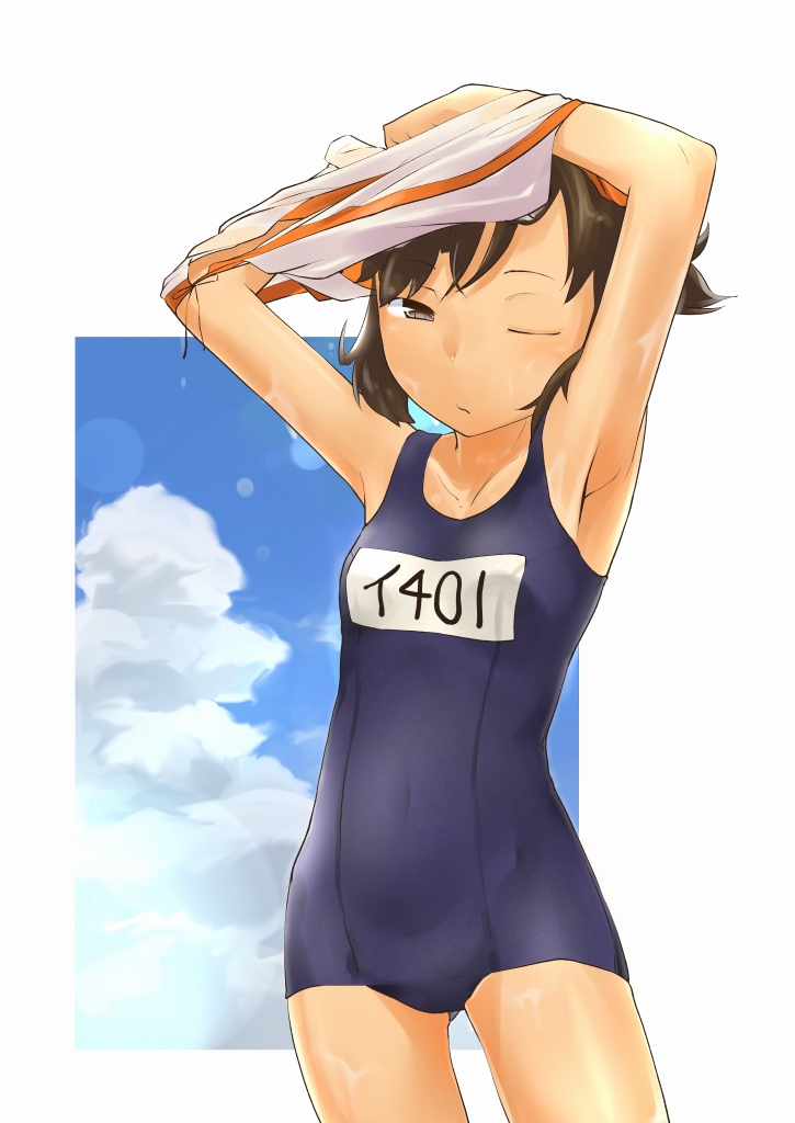 1girl, armpits, arms_up, breasts, brown_eyes, brown_hair, clouds, commentary, covered_navel, cowboy_shot, gluteal_fold, i-401_(kantai_collection), kantai_collection, kasai_jushi, looking_at_viewer, one-piece_swimsuit, one_eye_closed, sailor_collar, school_swimsuit, sky, small_breasts, solo, swimsuit, tan, undressing, wet, wet_clothes