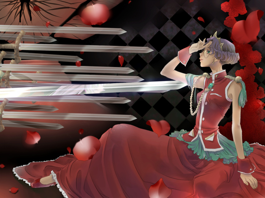 dark_skin, dress, earrings, flower, glasses, green_eyes, himemiya_anthy, jewelry