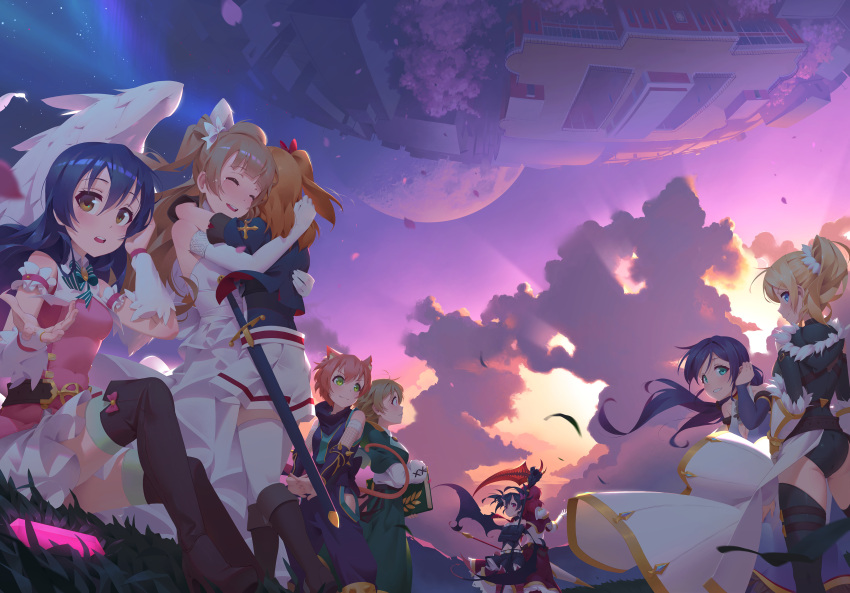 6+girls, ^_^, absurdres, animal_ears, aqua_bowtie, arm_around_shoulder, arm_garter, arm_guards