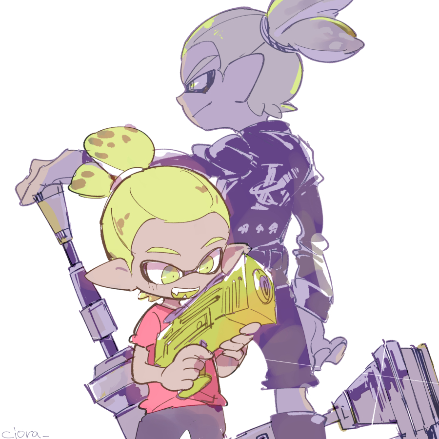 1boy, black_boots, black_jacket, black_shorts, boots, domino_mask, dynamo_roller_(splatoon), fangs