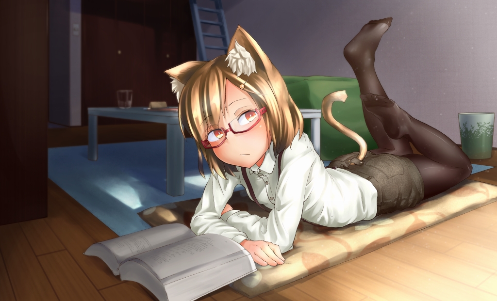 1girl, animal_ears, blonde_hair, book, cat_ears, cat_tail, check_commentary, commentary
