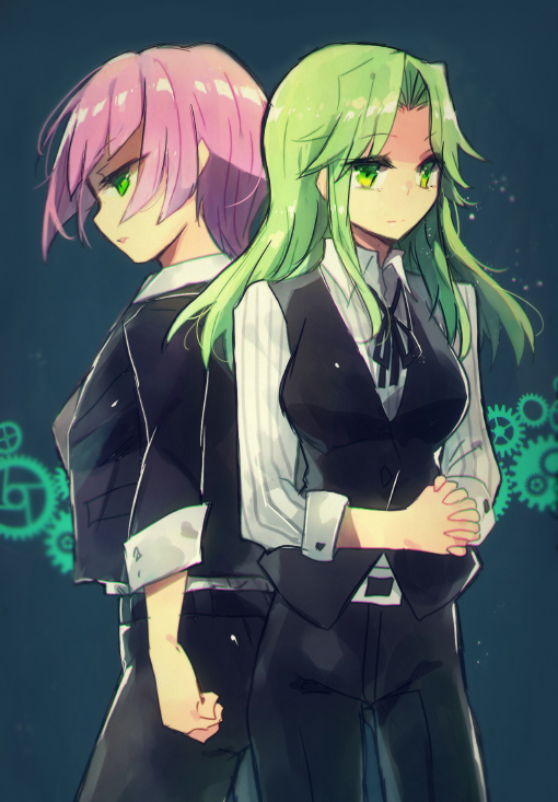 2girls, full_body, green_eyes, green_hair, lamia_loveless, lemon_browning, long_hair, multiple_girls