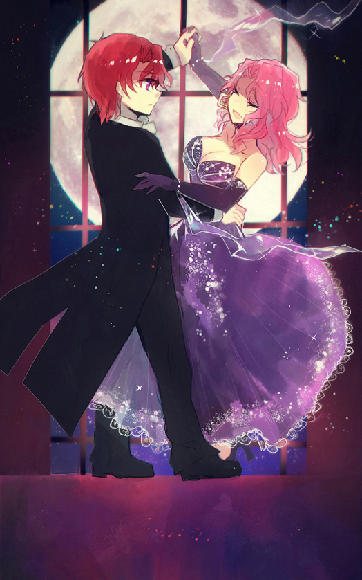 axel_almer, dancing, dress, full_body, lemon_browning, long_hair, nunuko_(mu661129), pink_hair