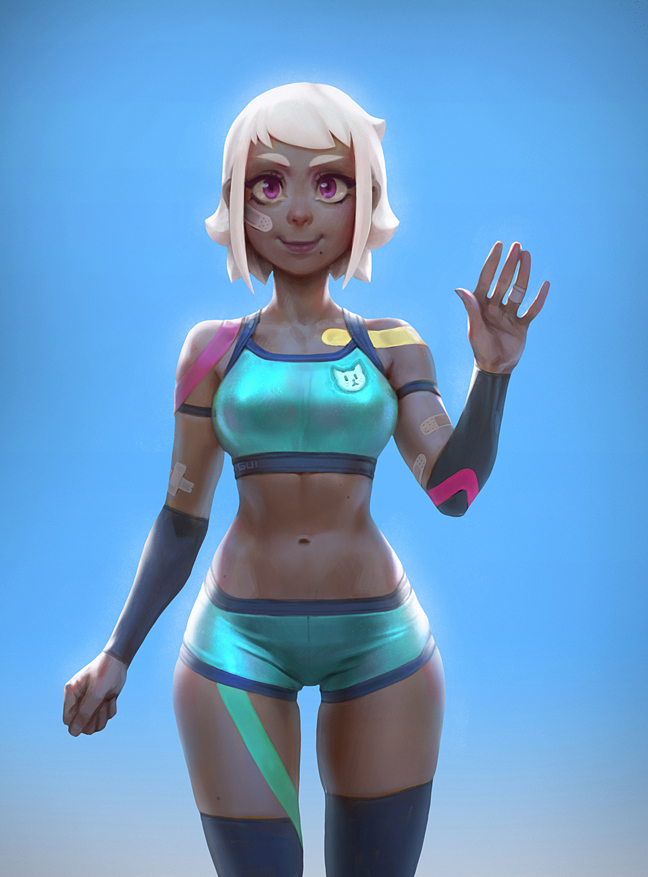 1girl, arm_at_side, arm_warmers, bandaid, bandaid_on_arm, bandaid_on_cheek, bandaid_on_face, bandaid_on_finger, bangs, bare_shoulders, blonde_hair, blue_legwear, blue_sky, cat_print, clenched_hand, closed_mouth, cowboy_shot, crop_top, eyebrows, eyelashes, eyeliner, green_shorts, gui_guimaraes, hand_up, legs_apart, lipstick, makeup, midriff, mole, mole_under_mouth, navel, nose, original, purple_lips, purple_lipstick, short_hair, short_shorts, shorts, sky, sleeveless, smile, solo, stomach, thick_eyebrows, thigh-highs, violet_eyes, waving