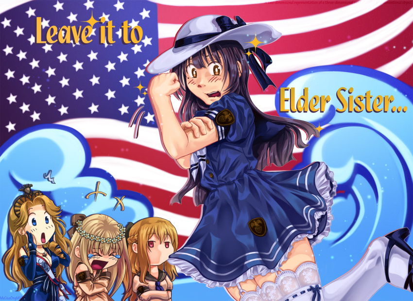>o<, ++, /\/\/\, 4girls, american_flag, black_hair, blonde_hair, blue_dress, blue_eyes, blush, bras_d'honneur, breasts, bridal_gauntlets, brown_eyes, cleavage, dress, elbow_gloves, flower, garter_straps, gloves, gochuumon_wa_usagi_desu_ka?, hair_flower, hair_ornament, hair_ribbon, hands_on_own_cheeks, hands_on_own_face, hat, iowa_(pacific), jitome, kantai_collection, lace, lace-trimmed_thighhighs, long_hair, looking_at_viewer, melisaongmiqin, multiple_girls, new_jersey_(pacific), no_mouth, open_mouth, pacific, parody, red_eyes, ribbon, ribbon-trimmed_legwear, ribbon_trim, sailor_dress, silver_hair, sparkle, sun_hat, surprised, tears, thigh-highs, tiara, uss_missouri_(bb-63), uss_wisconsin_(bb-64), waves