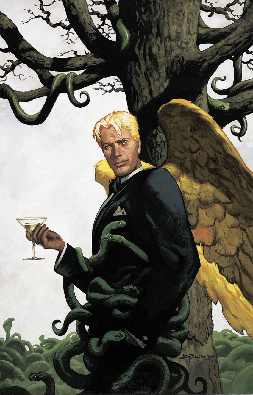 1boy, angel_wings, bare_tree, black_jacket, blonde_hair, christopher_moeller, cocktail_glass, cup, dc_comics, drinking_glass, feathered_wings, formal, from_side, hand_in_pocket, handkerchief, highres, jacket, light_smile, lips, long_sleeves, looking_at_viewer, lucifer_(series), lucifer_morningstar, official_art, signature, smile, snake, solo, suit, tan, too_many, tree, tuxedo, wine_glass, wings, yellow_wings