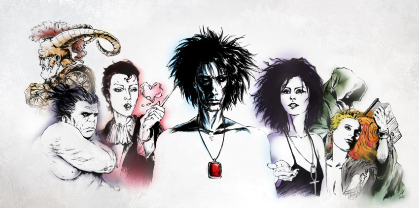 3girls, 4boys, armor, book, dc_comics, death_of_the_endless, delirium_of_the_endless, desire_of_the_endless