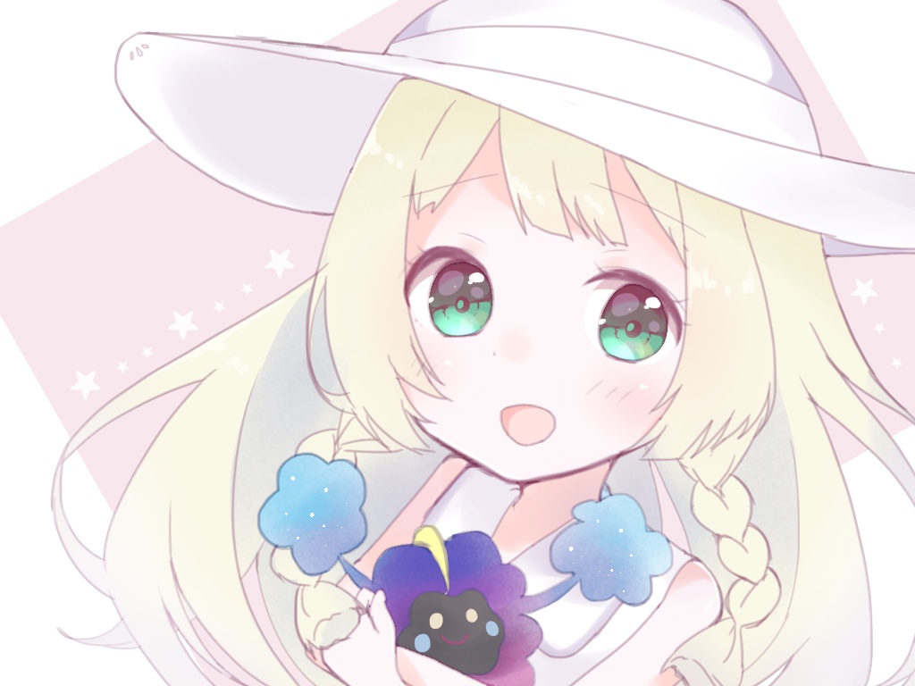 1girl, :d, blonde_hair, blush, braid, cosmog, dress, green_eyes, hat, ligh_xi, lillie_(pokemon), long_hair, looking_at_viewer, open_mouth, pokemon, pokemon_(creature), pokemon_(game), pokemon_sm, sleeveless, sleeveless_dress, smile, solo, star, sun_hat, twin_braids, upper_body, white_dress