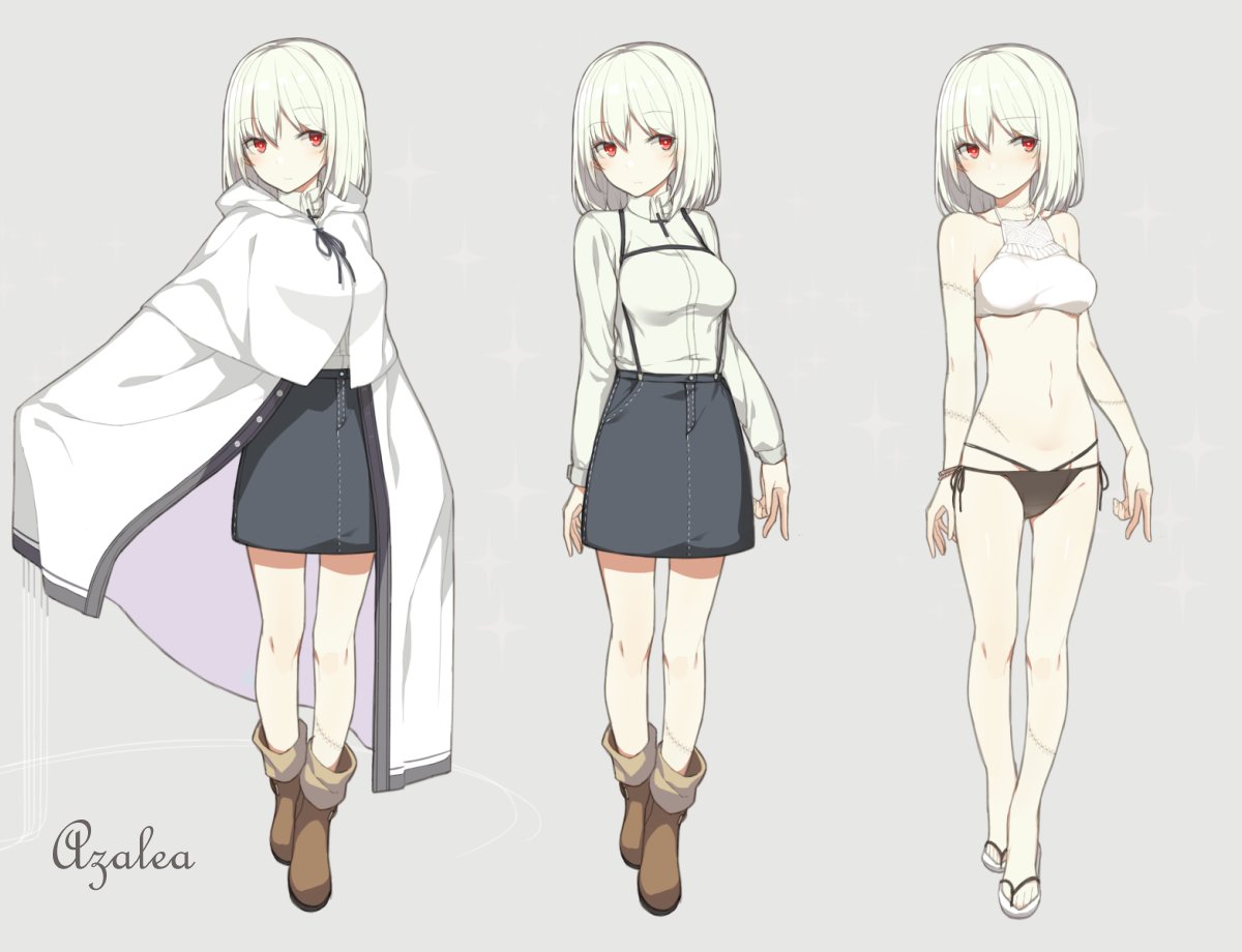 1girl, black_panties, blush, character_sheet, cloak, denim, denim_skirt, expressionless