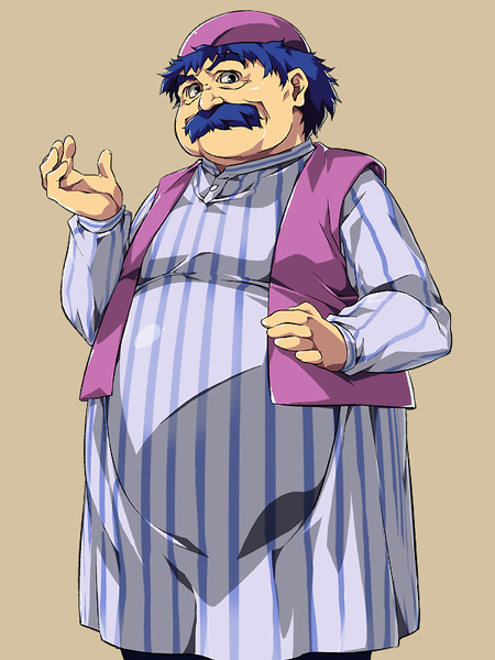 1boy, blue_hair, brown_background, dragon_quest, dragon_quest_iv, facial_hair, hat, juvecross