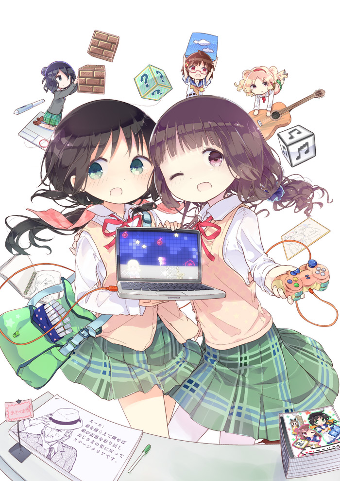 2girls, album_(object), blush, bow, brown_hair, cover, cover_page, fuda_yumine