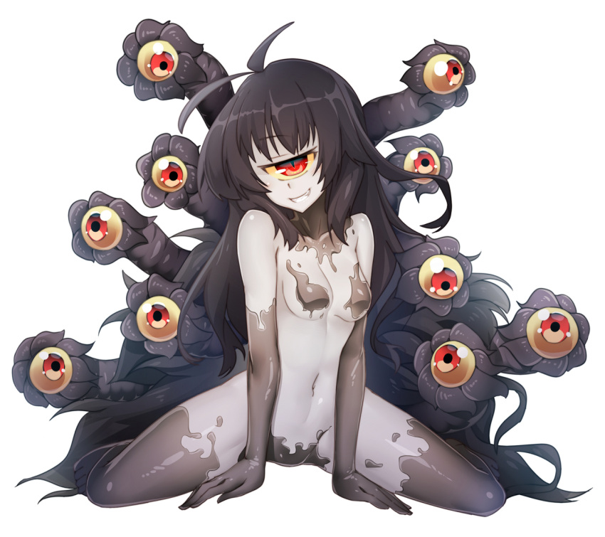 1girl, antenna_hair, bare_shoulders, black_hair, breasts, cyclops, extra_eyes, full_body