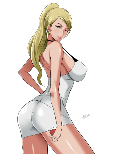 1girl, ;), ass, bare_arms, bare_shoulders, beauty_(pokemon), blonde_hair, breasts
