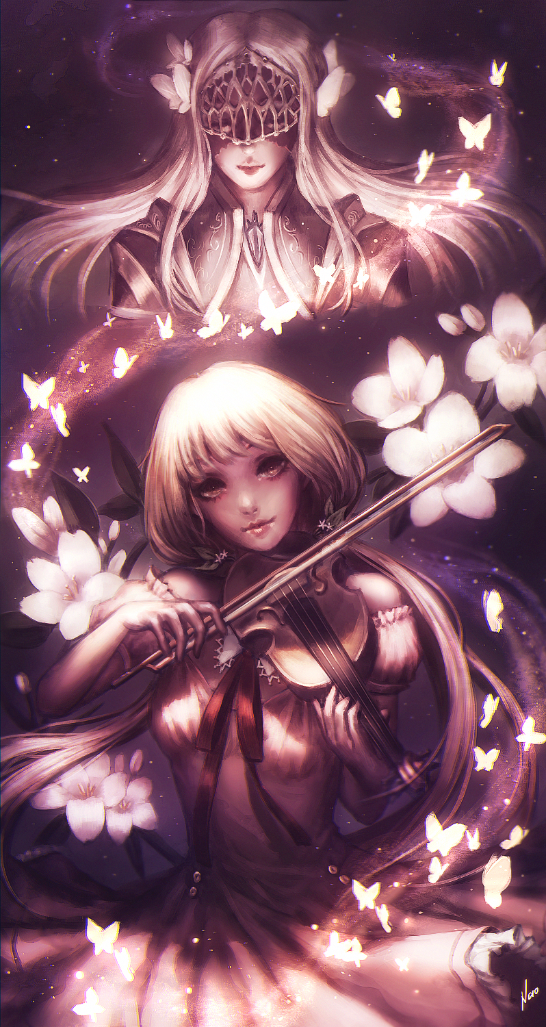 1girl, 2girls, artist_name, blonde_hair, borrowed_character, bow_(instrument), breasts, butterfly