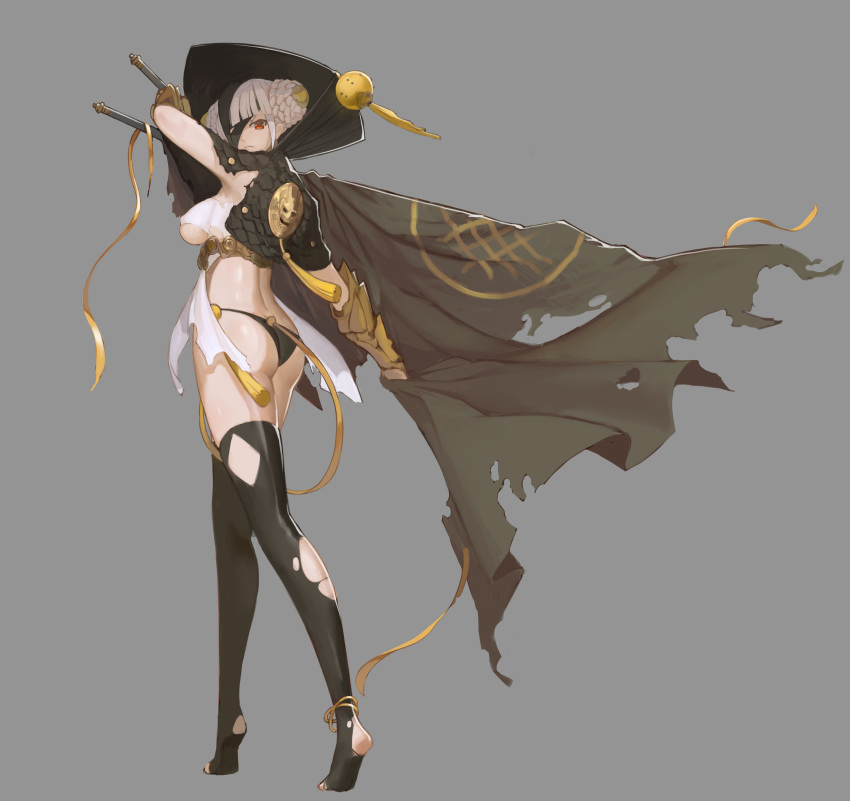 1girl, absurdres, ass, braid, breasts, cape, eyepatch, grey_background