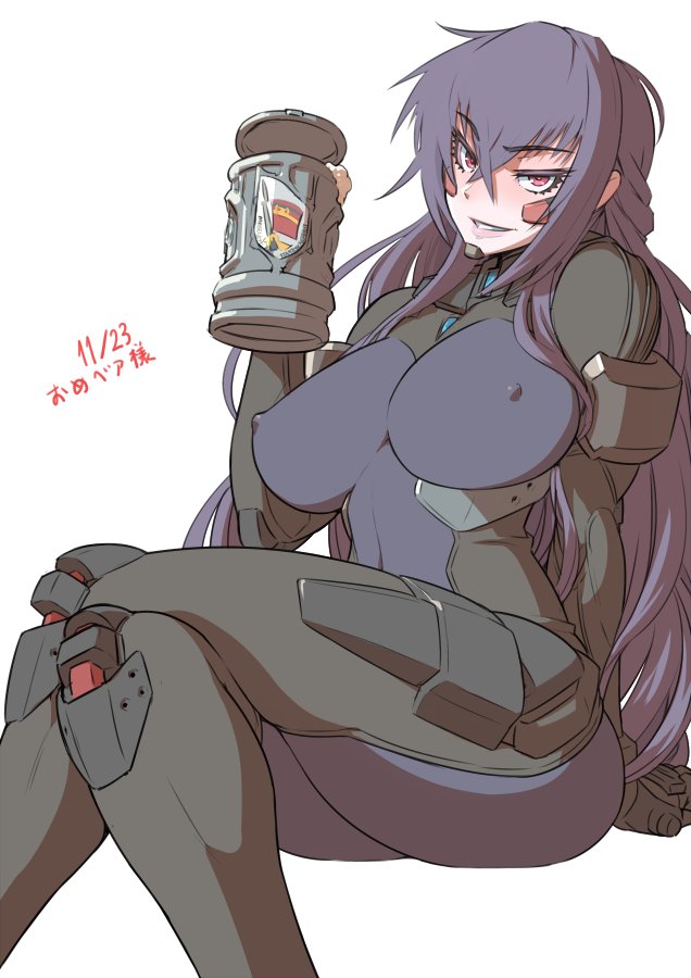 1girl, beatrix_bremer, beer_mug, black_hair, blush, bodysuit, breasts, cleavage