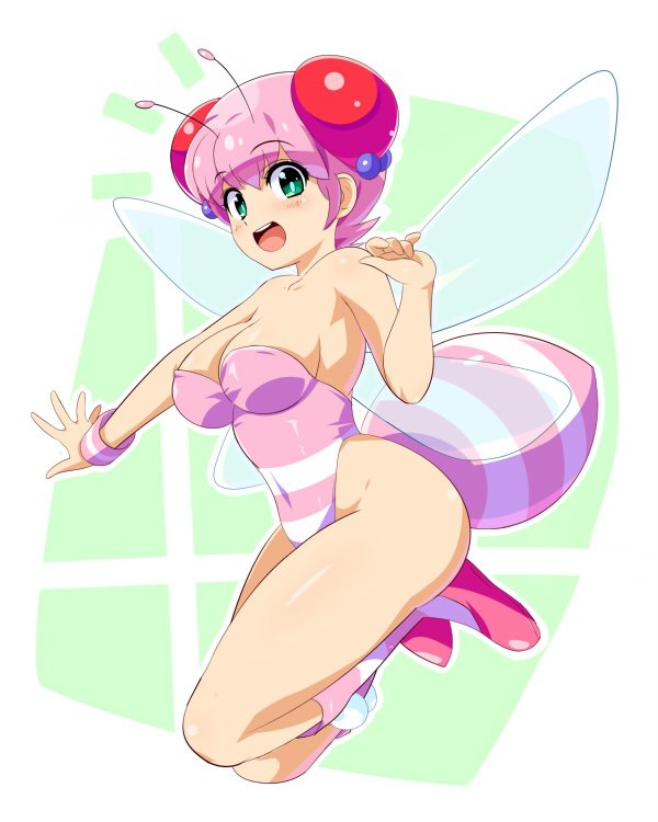 1girl, antennae, bare_shoulders, bee_girl, blush, breasts, cleavage, green_eyes