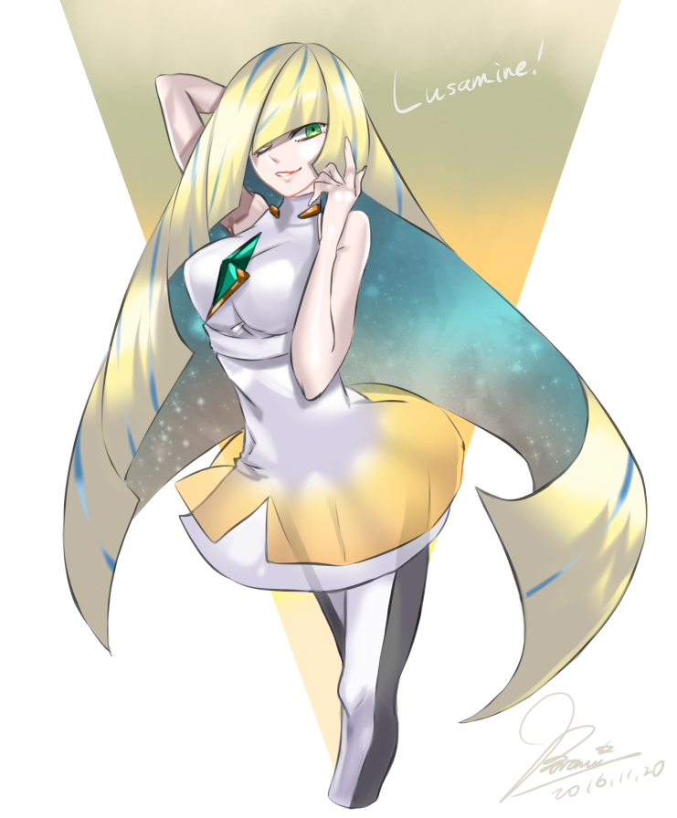 1girl, banamons, bare_arms, blonde_hair, blue_hair, breasts, character_name, dress