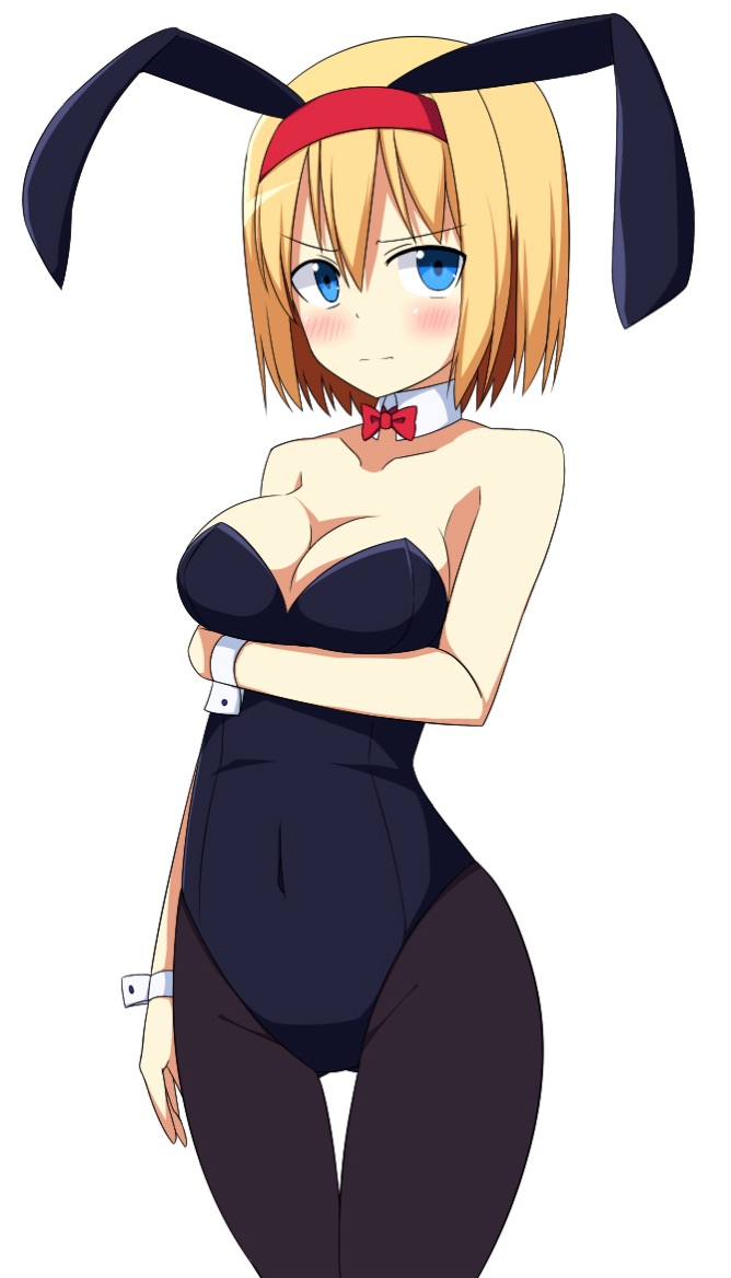 >:|, 1girl, alice_margatroid, animal_ears, annoyed, arm, bare_shoulders, black_legwear