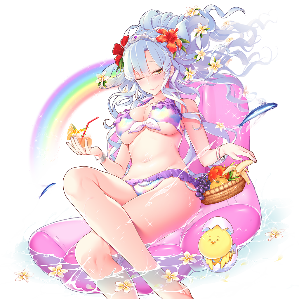 1girl, bikini, bird, bracelet, breasts, chicken, drink, floating_hair