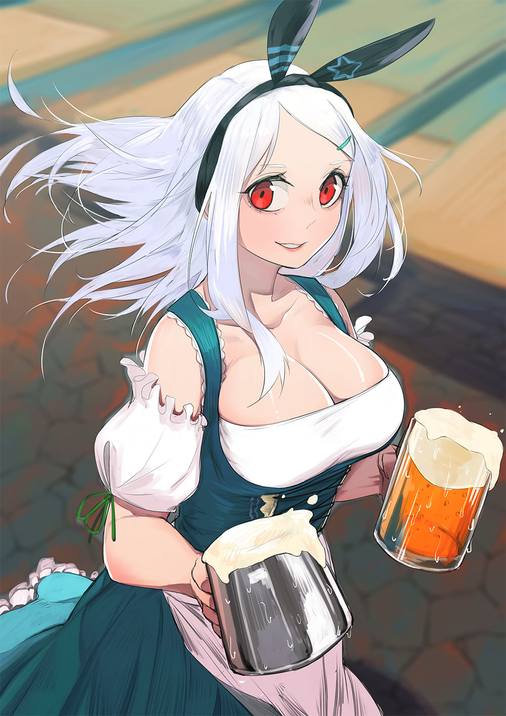 1girl, alcohol, alternate_costume, alternate_hairstyle, beer, beer_mug, breasts, bunny_ear_hairband