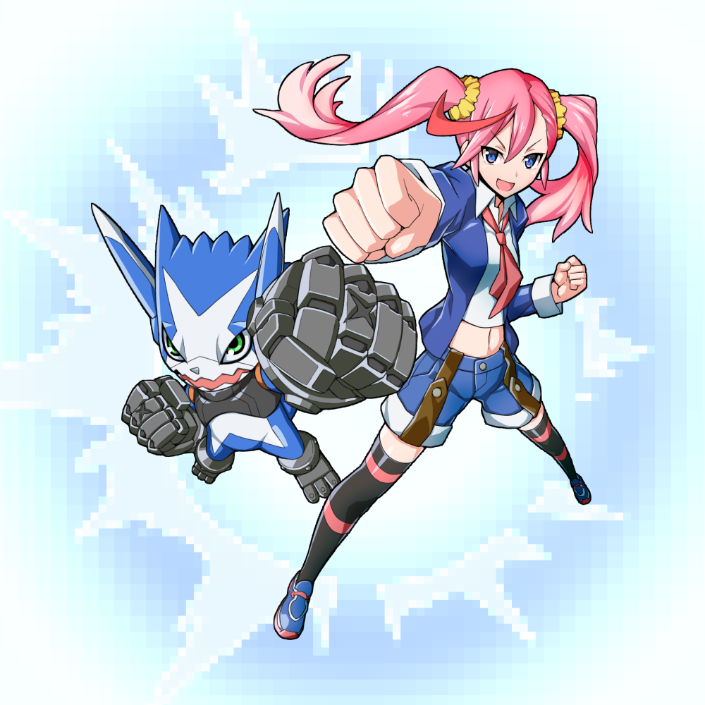 appmon, commentary_request, digimon, digimon_universe:_appli_monsters, dokamon, gauntlets, green_eyes, karan_eri