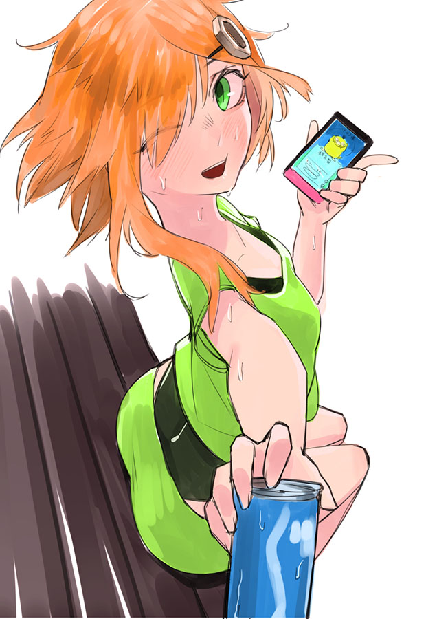 1girl, alternate_costume, ann_(krt_girls), arched_back, bench, blush, can, cellphone, foreshortening, green_eyes, hair_ornament, hairclip, holding_cellphone, hot, juz, krt_girls, looking_at_viewer, nut_hair_ornament, one_eye_closed, orange_hair, phone, pokemon, pokemon_go, pov, psyduck, short_hair_with_long_locks, simple_background, sitting, skirt, smartphone, soda_can, solo, sweat, swimsuit, swimsuit_under_clothes, tank_top, white_background