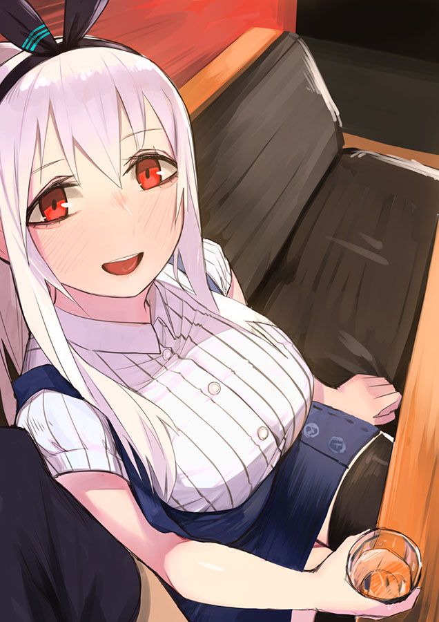 1girl, alcohol, black_legwear, blush, booth_seat, bunny_ear_hairband, cup, drinking_glass