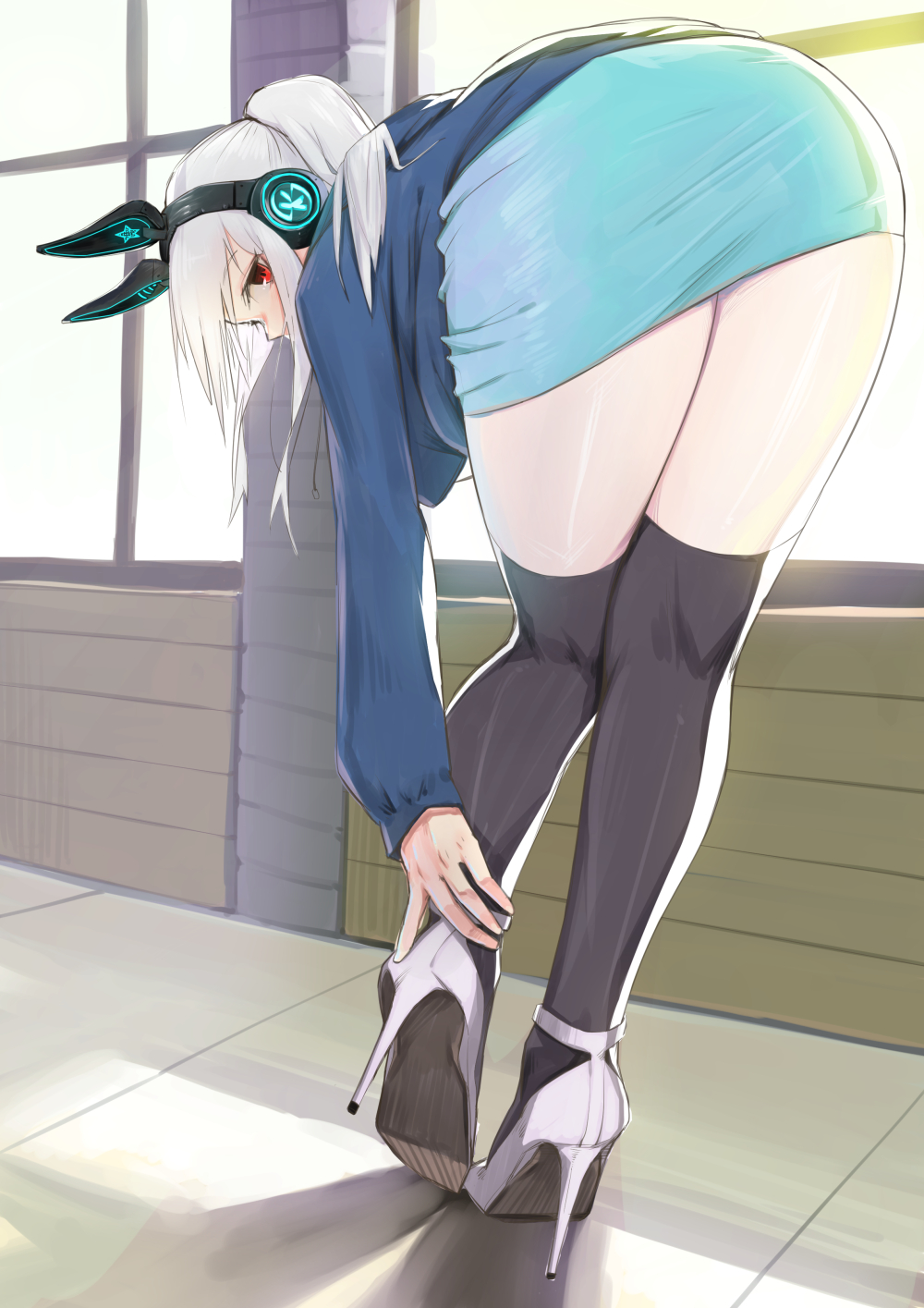 1girl, bent_over, black_legwear, bunny_headphones, from_behind, headphones, high_heels, highres