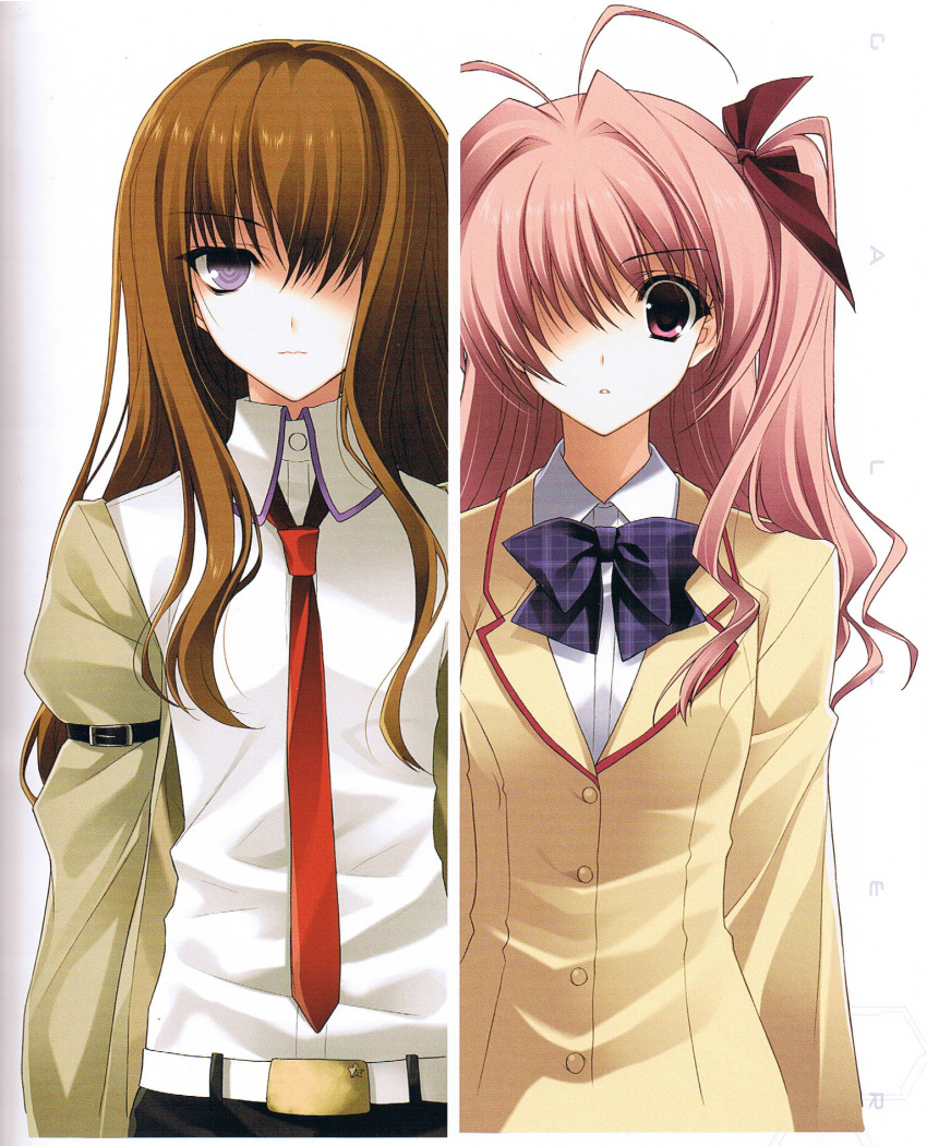 2girls, :i, ahoge, armband, beige_jacket, beige_shirt, belt, bow